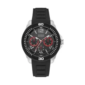 Guess Gents Silver Watch Black Multifunctional Dial And Black Silicone Strap W0967G1