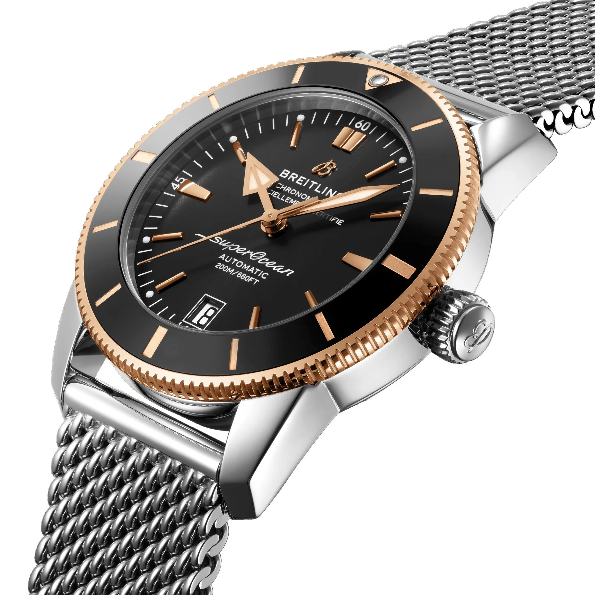 Jewelry Breitling Watches Breitling Superocean Heritage Automatic Chronometer Stainless Steel & 18k Rose Gold Black Dial Date Divers Mens Watch Special Edition UB2010121B1A1