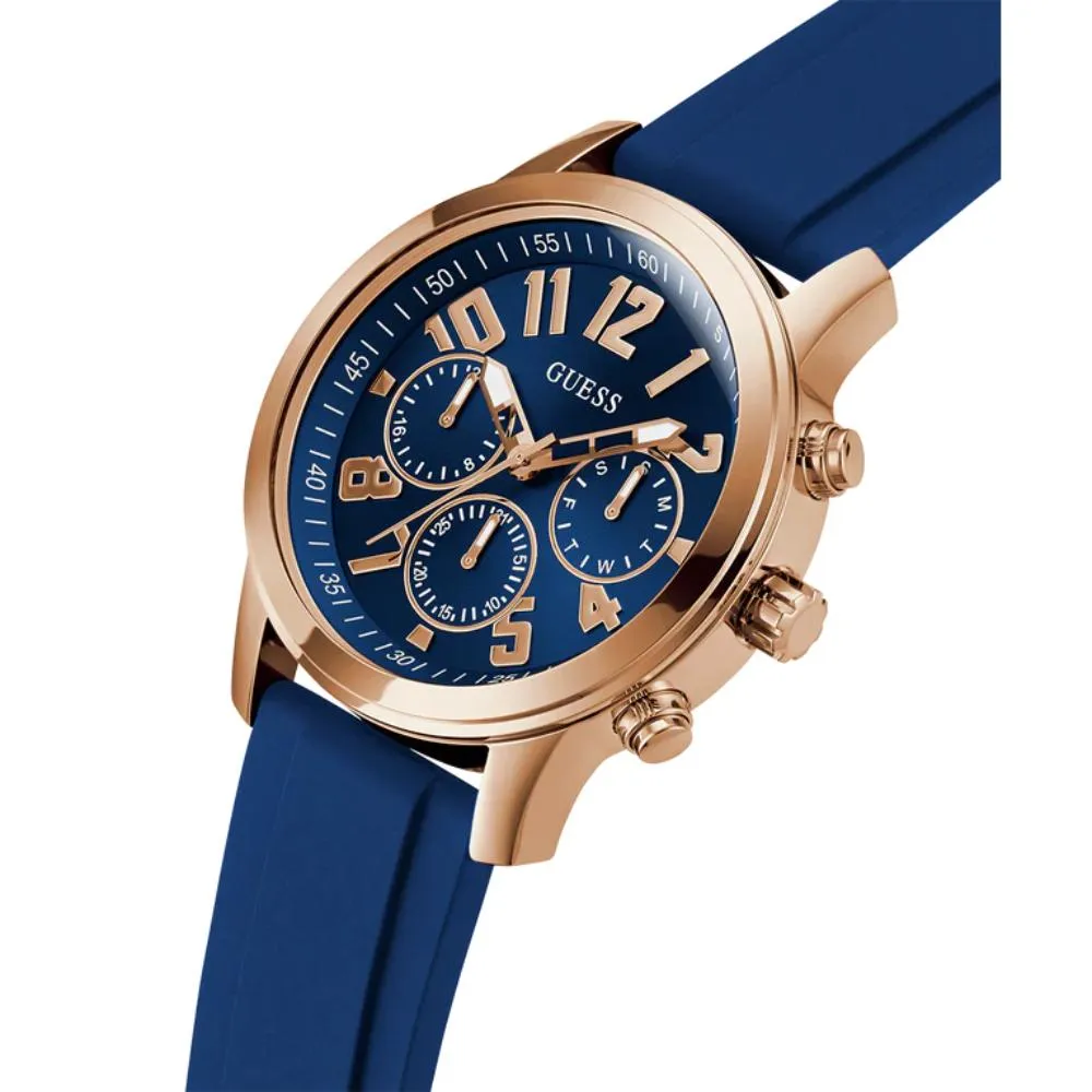 Jewelry Guess Watches Guess Rose Gold Tone Multi-function Blue Silicone Men's Watch GW0708G3