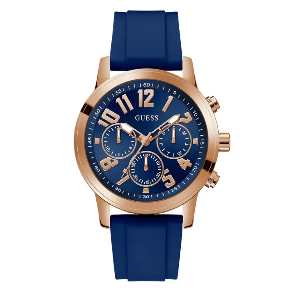 Jewelry Guess Watches Guess Rose Gold Tone Multi-function Blue Silicone Men's Watch GW0708G3