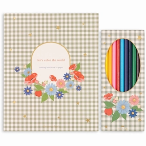 Konges Sljd Green Tea Check Coloring Book And Color Pencils Fsc