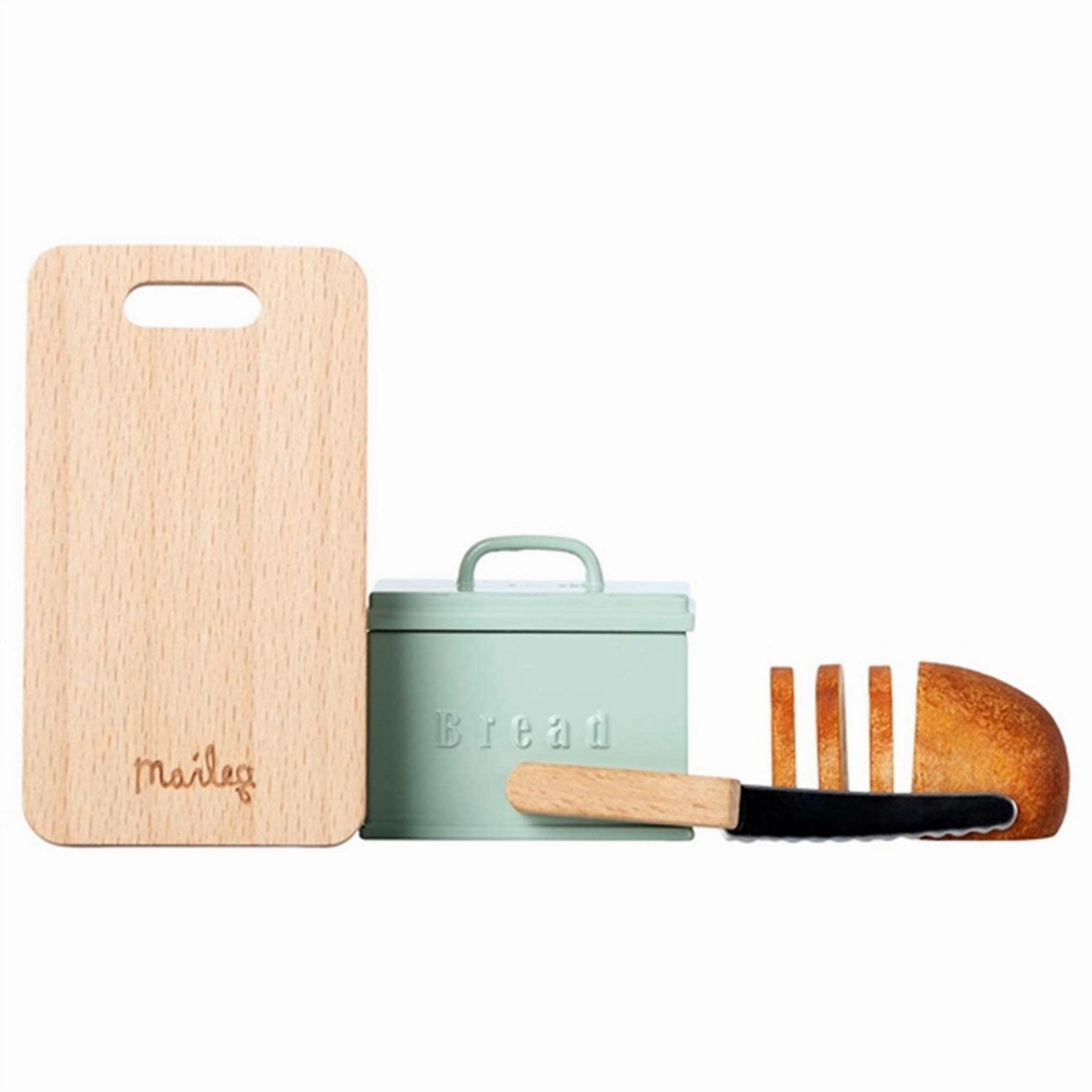 Maileg Miniature Bread Box w. Cutting Board and Knife Mint